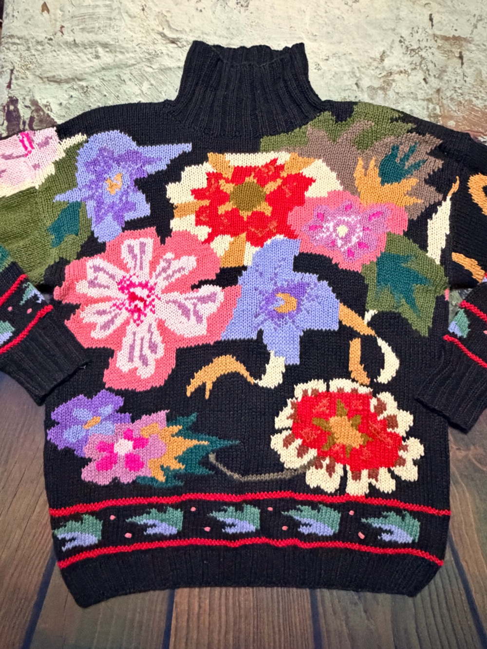 Black Floral Crewneck Sweater with Multicolor Blooms by Rinzi